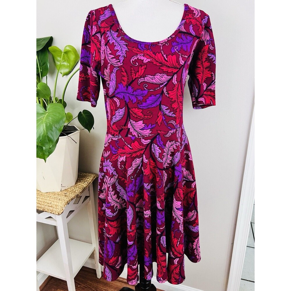 LuLaRoe Nicole Fit & Flare Stretchy Comfy Dress Purple & Pink Floral Size Large